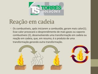 Reação em cadeia
• Os combustíveis, após iniciarem a combustão, geram mais calor(1).
Esse calor provocará o desprendimento de mais gases ou vapores
combustíveis (2), desenvolvendo uma transformação em cadeia ou
reação em cadeia, que, em resumo, é o produto de uma
transformação gerando outra transformação.
 