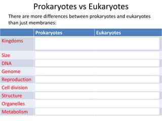 Prokaryotes vs Eukaryotes
There are more differences between prokaryotes and eukaryotes
than just membranes:
Prokaryotes Eukaryotes
Kingdoms Eubacteria and Archaea Protista, Fungi, Plantae, Ani
malia
Size Small (1-100 m) Larger (100-1000 m)
DNA Free-floating nucleoid In nucleus
Genome One circular chromosome More than one chromosome
Reproduction Mostly asexual Mostly sexual
Cell division Binary fission Mitosis or meiosis
Structure Mostly unicellular Mostly multicellular
Organelles Absent Present
Metabolism Many are anaerobic Most are aerobic
 