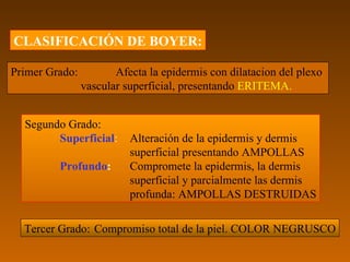 CLASIFICACIÓN DE BOYER:

Primer Grado:          Afecta la epidermis con dilatacion del plexo
                vascular superficial, presentando ERITEMA.


  Segundo Grado:
        Superficial:      Alteración de la epidermis y dermis
                          superficial presentando AMPOLLAS
         Profundo:        Compromete la epidermis, la dermis
                          superficial y parcialmente las dermis
                          profunda: AMPOLLAS DESTRUIDAS

  Tercer Grado: Compromiso total de la piel. COLOR NEGRUSCO
 