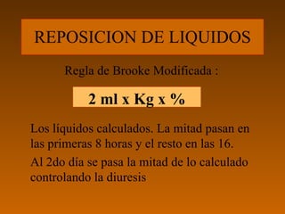 REPOSICION DE LIQUIDOS
      Regla de Brooke Modificada :

           2 ml x Kg x %
Los líquidos calculados. La mitad pasan en
las primeras 8 horas y el resto en las 16.
Al 2do día se pasa la mitad de lo calculado
controlando la diuresis
 
