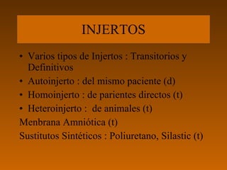 INJERTOS
• Varios tipos de Injertos : Transitorios y
  Definitivos
• Autoinjerto : del mismo paciente (d)
• Homoinjerto : de parientes directos (t)
• Heteroinjerto : de animales (t)
Menbrana Amniótica (t)
Sustitutos Sintéticos : Poliuretano, Silastic (t)
 