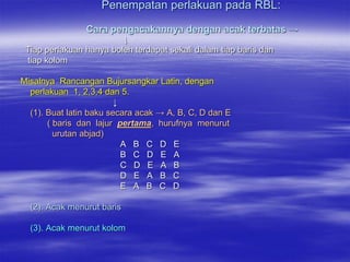 Penempatan perlakuan pada RBL:

                Cara pengacakannya dengan acak terbatas →
                            ↓
 Tiap perlakuan hanya boleh terdapat sekali dalam tiap baris dan
 tiap kolom

Misalnya Rancangan Bujursangkar Latin, dengan
  perlakuan 1, 2,3,4 dan 5.
                         ↓
  (1). Buat latin baku secara acak → A, B, C, D dan E
       ( baris dan lajur pertama, hurufnya menurut
         urutan abjad)
                           A B C D E
                           B C D E A
                           C D E A B
                           D E A B C
                           E A B C D

  (2). Acak menurut baris

  (3). Acak menurut kolom
 