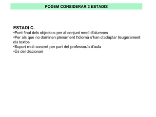 ESTADI C. Punt final dels objectius per al conjunt medi d'alumnes  Per als que no dominen plenament l'idioma s’han d’adaptar lleugerament els textos Suport molt concret per part del professor/a d’aula Ús del diccionari  PODEM CONSIDERAR 3 ESTADIS 