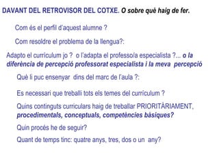 Com resoldre el problema de la llengua?: Adapto el currículum jo ?  o l’adapta el professo/a especialista ?...  o la diferència de percepció professorat especialista i la meva  percepció Què li puc ensenyar  dins del marc de l’aula ?:  Quin procés he de seguir?  Es necessari que treballi tots els temes del currículum ?  DAVANT DEL RETROVISOR DEL COTXE.  O sobre què haig de fer . Quins continguts curriculars haig de treballar PRIORITÀRIAMENT,  procedimentals, conceptuals, competències bàsiques? Quant de temps tinc: quatre anys, tres, dos o un  any? Com és el perfil d’aquest alumne  ? 