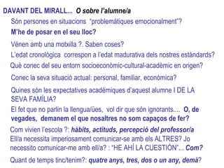 Són persones en situacions  “problemàtiques emocionalment”? M’he de posar en el seu lloc? Vénen amb una motxilla ?. Saben coses? Quines són les expectatives acadèmiques d’aquest alumne I DE LA SEVA FAMÍLIA? L’edat cronològica  correspon a l’edat madurativa dels nostres estàndards? Què conec del seu entorn socioeconòmic-cultural-acadèmic en origen? El fet que no parlin la llengua/ües,  vol dir que són ignorants....  O, de vegades,  demanem el que nosaltres no som capaços de fer? Com vivien l’escola ?:  hàbits, actituds, percepció del professor/a Ell/a necessita imperiosament comunicar-se amb els ALTRES? Jo necessito comunicar-me amb ell/a? : “HE AHÍ LA CUESTIÓN”...  Com? DAVANT DEL MIRALL...  O sobre l’alumne/a Conec la seva situació actual: personal, familiar, econòmica? Quant de temps tinc/tenim?:  quatre anys, tres, dos o un any, demà ? 