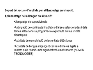 Suport del recurs d’acollida per al llenguatge en situació. Aprenentatge de la llengua en situació: Llenguatge de supervivència Anticipació de continguts lingüístics d’àrees seleccionades i dels temes seleccionats i programació explicitada de les unitats didàctiques Activitats de consolidació de les unitats didàctiques Activitats de llengua mitjançant centres d’interès lligats a l’entorn o de relació. molt significatives i motivadores (NOVES TECNOLOGIES)  