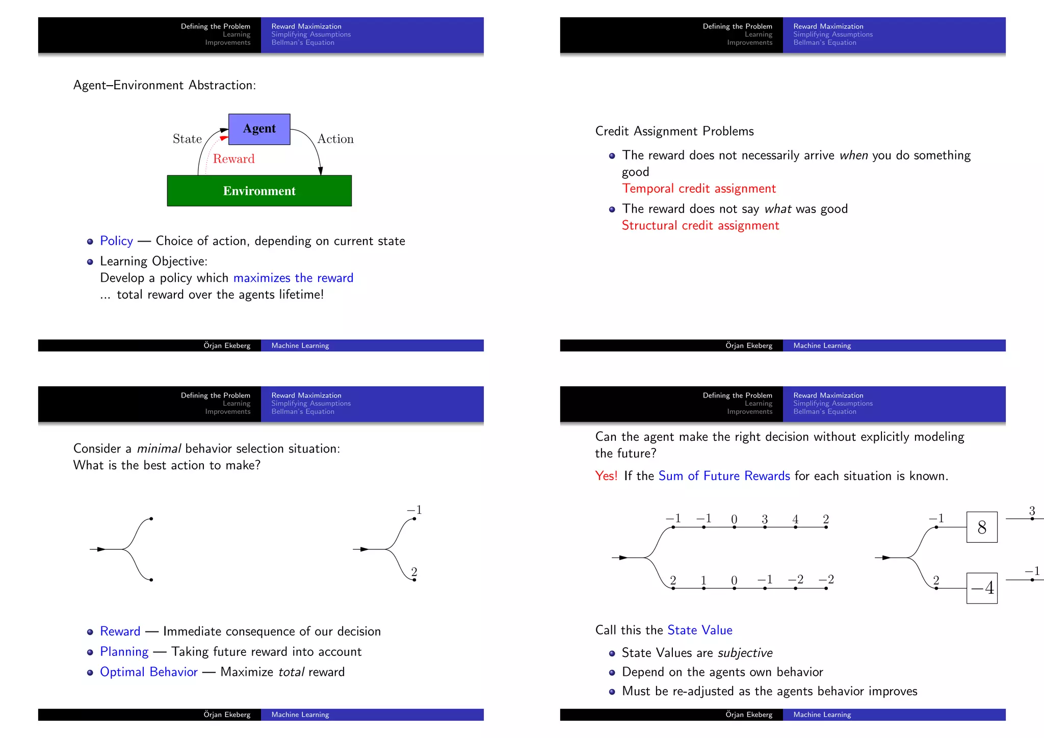 Deﬁning the Problem
Learning
Improvements
Reward Maximization
Simplifying Assumptions
Bellman’s Equation
Agent–Environment Abstraction:
Agent
Environment
ActionState
Reward
Policy — Choice of action, depending on current state
Learning Objective:
Develop a policy which maximizes the reward
... total reward over the agents lifetime!
¨Orjan Ekeberg Machine Learning
Deﬁning the Problem
Learning
Improvements
Reward Maximization
Simplifying Assumptions
Bellman’s Equation
Credit Assignment Problems
The reward does not necessarily arrive when you do something
good
Temporal credit assignment
The reward does not say what was good
Structural credit assignment
¨Orjan Ekeberg Machine Learning
Deﬁning the Problem
Learning
Improvements
Reward Maximization
Simplifying Assumptions
Bellman’s Equation
Consider a minimal behavior selection situation:
What is the best action to make?
−1
2
−1
2
−1
2
−1
1
0
0
3
−1
Reward — Immediate consequence of our decision
Planning — Taking future reward into account
Optimal Behavior — Maximize total reward
¨Orjan Ekeberg Machine Learning
Deﬁning the Problem
Learning
Improvements
Reward Maximization
Simplifying Assumptions
Bellman’s Equation
Can the agent make the right decision without explicitly modeling
the future?
Yes! If the Sum of Future Rewards for each situation is known.
−1
2
−1
1
0
0
3
−1
4
−2
2
−2
−1
2
8
−4
Call this the State Value
State Values are subjective
Depend on the agents own behavior
Must be re-adjusted as the agents behavior improves
¨Orjan Ekeberg Machine Learning
 