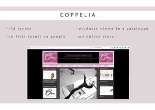 - o l d l a y o u t - p r o d u c t s s h o w n i n a c a t a l o u g e
- n o f i r s t r e s u l t o n g o o g l e - n o o n l i n e s t o r e
C O P P E L I A
 
