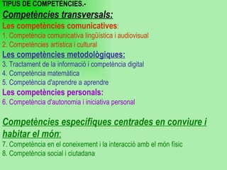 TIPUS DE COMPETÈNCIES.- Competències transversals: Les competències comunicatives : 1. Competència comunicativa lingüística i audiovisual 2. Competències artística i cultural Les competències metodològiques: 3. Tractament de la informació i competència digital 4. Competència matemàtica 5. Competència d'aprendre a aprendre Les competències personals: 6. Competència d'autonomia i iniciativa personal Competències específiques centrades en conviure i habitar el món : 7. Competència en el coneixement i la interacció amb el món físic 8. Competència social i ciutadana 