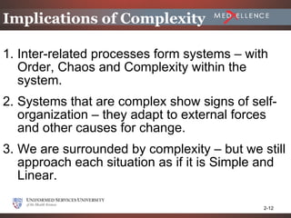 Implications of Complexity

1. Inter-related processes form systems – with
   Order, Chaos and Complexity within the
   system.
2. Systems that are complex show signs of self-
   organization – they adapt to external forces
   and other causes for change.
3. We are surrounded by complexity – but we still
   approach each situation as if it is Simple and
   Linear.

                                             2-12
 