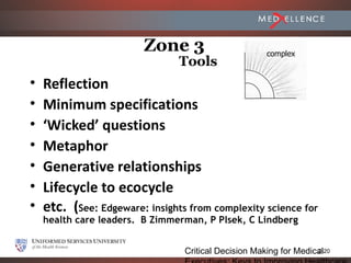 Zone 3                        complex
                                Tools
•   Reflection
•   Minimum specifications
•   ‘Wicked’ questions
•   Metaphor
•   Generative relationships
•   Lifecycle to ecocycle
•   etc. (See: Edgeware: insights from complexity science for
    health care leaders. B Zimmerman, P Plsek, C Lindberg


                                 Critical Decision Making for Medical
                                                                   2-20
 