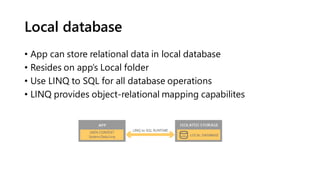 Local database
• App can store relational data in local database
• Resides on app’s Local folder
• Use LINQ to SQL for all database operations
• LINQ provides object-relational mapping capabilites
 