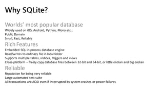 Why SQLite?
Worlds’ most popular database
RichFeatures
Reliable
 