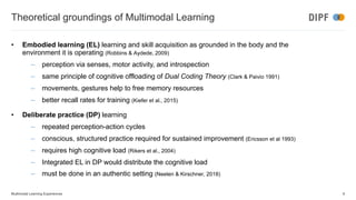 Theoretical groundings of Multimodal Learning
• Embodied learning (EL) learning and skill acquisition as grounded in the body and the
environment it is operating (Robbins & Aydede, 2009)
‒ perception via senses, motor activity, and introspection
‒ same principle of cognitive offloading of Dual Coding Theory (Clark & Paivio 1991)
‒ movements, gestures help to free memory resources
‒ better recall rates for training (Kiefer et al., 2015)
• Deliberate practice (DP) learning
‒ repeated perception-action cycles
‒ conscious, structured practice required for sustained improvement (Ericsson et al 1993)
‒ requires high cognitive load (Rikers et al., 2004)
‒ Integrated EL in DP would distribute the cognitive load
‒ must be done in an authentic setting (Neelen & Kirschner, 2018)
Multimodal Learning Experiences 8
 