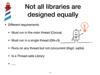 Not all libraries are
designed equally
• Diﬀerent requirements

• Must run in the main thread (Cocoa)

• Must run in a single thread (Gtk+3)

• Runs on any thread but not concurrent (libgit, sqlite)

• Is a Thread-safe Library

• ….
!12
 