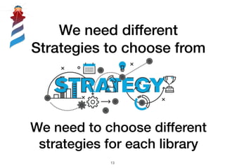 We need different
Strategies to choose from
!13
We need to choose different
strategies for each library
 