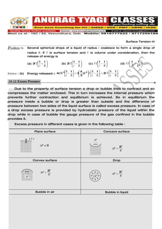 Surface Tension 60

Problem 14.       Several spherical drops of a liquid of radius r coalesce to form a single drop of
                  radius R. If T is surface tension and V is volume under consideration, then the
                  release of energy is

                         1 1                     1 1           1 1                  1    1 
                  (a) 3VT +               (b) 3VT −     (c) VT  −            (d) VT  2 + 2 
                         r R                     r R           r R                  r   R 

                                        31 1     4 3  1 1       1 1 
Solution : (b)    Energy released = 4πTR  −  = 3 πR T  −  = 3VT  − 
                                         r R    3     r R       r R 

10.12 Excess Pressure.

    Due to the property of surface tension a drop or bubble tries to contract and so
compresses the matter enclosed. This in turn increases the internal pressure which
prevents further contraction and equilibrium is achieved. So in equilibrium the
pressure inside a bubble or drop is greater than outside and the difference of
pressure between two sides of the liquid surface is called excess pressure. In case of
a drop excess pressure is provided by hydrostatic pressure of the liquid within the
drop while in case of bubble the gauge pressure of the gas confined in the bubble
provides it.
     Excess pressure in different cases is given in the following table :

                            Plane surface                             Concave surface

                      ∆P=                                      ∆P
                       0
                               ∆P = 0                                              2T
                                                                            ∆P =
                                                                                   R


                        Convex surface                                      Drop


                                      2T                                           2T
                               ∆P =                                         ∆P =
                                      R                                            R
                 ∆P                                            ∆P




                            Bubble in air                              Bubble in liquid
 