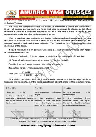 63 Surface Tension
     We know that a liquid assumes the shape of the vessel in which it is contained i.e.
it can not oppose permanently any force that tries to change its shape. As the effect
of force is zero in a direction perpendicular to it, the free surface of liquid at rest
adjusts itself at right angles to the resultant force.

    When a capillary tube is dipped in a liquid, the liquid surface becomes curved near
the point of contact. This curved surface is due to the resultant of two forces i.e. the
force of cohesion and the force of adhesion. The curved surface of the liquid is called
meniscus of the liquid.

    If liquid molecule A is in contact with solid (i.e. wall of capillary tube) then forces
acting on molecule A are

    (i) Force of adhesion Fa (acts outwards at right angle to the wall of the tube).

    (ii) Force of cohesion Fc (acts at an angle 45o to the vertical).

    Resultant force FN depends upon the value of Fa and Fc.

    If resultant force FN make an angle α with Fa.

                          Fc s 13 o
                              in 5                   Fc
    Then ta α =
           n                          o
                                          =
                        Fa + Fc c s13
                                 o 5           2 Fa − Fc

   By knowing the direction of resultant force we can find out the shape of meniscus
because the free surface of the liquid adjust itself at right angle to this resultant force.


 If Fc =   2Fa                                Fc <        2Fa                            Fc >   2Fa

  tanα = ∞        ∴ α = 90o                   tan α = positive            ∴ α is acute   tan α = negative            ∴ α is
                                              angle                                      obtuse angle
 i.e. the resultant force acts
 vertically downwards. Hence                  i.e.  the  resultant  force                i.e.  the  resultant force
 the liquid meniscus must be                  directed outside the liquid.               directed inside the liquid.
 horizontal.                                  Hence the liquid meniscus                  Hence the liquid meniscus
                                              must be concave upward.                    must be convex upward.

             Fa   A                                             Fa   A                                Fa   A
             α                                                  α                                     α
                         Fc                                          45    Fc
                                                                FN                                         4    Fc
                                                                      °
                  FN                                                                                       5°
                                                                         FN
    ANURAG TYAGI CLASSES, ATC HOUSE ,10 C-82, VASUNDHRA, GHAZIABAD CALL US @ 09818777622
                       BRANCH: 6/ 93, SATYAM APPARTMENT, RAJENDR NAGAR,SAHIBABAD.

                        www.anuragtyagiclasses.com
 