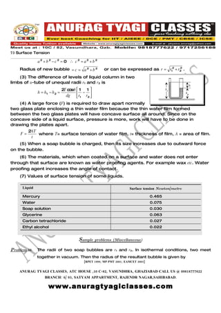73 Surface Tension

              a2 + b 2 − c 2 = 0 ∴ c 2 = a2 + b 2
    Radius of new bubble = c = a 2 + b 2             or can be expressed as r = r12 + r2 .
                                                                                       2


    (3) The difference of levels of liquid column in two
limbs of u-tube of unequal radii r1 and r2 is
                                                                                                        h
                             2 c sθ  1 1 
                              T o                                                        h1
              h = h1 − h 2 =         −                                                           h2
                               dg    r1 r2 
    (4) A large force (F) is required to draw apart normally
two glass plate enclosing a thin water film because the thin water film formed
between the two glass plates will have concave surface all around. Since on the
concave side of a liquid surface, pressure is more, work will have to be done in
drawing the plates apart.
          2AT
     F=       where T= surface tension of water film, t= thickness of film, A = area of film.
           t
    (5) When a soap bubble is charged, then its size increases due to outward force
on the bubble.
    (6) The materials, which when coated on a surface and water does not enter
through that surface are known as water proofing agents. For example wax etc. Water
proofing agent increases the angle of contact.
    (7) Values of surface tension of some liquids.

     Liquid                                                         Surface tension Newton/metre

     Mercury                                                                     0.465
     Water                                                                       0.075
     Soap solution                                                               0.030
     Glycerine                                                                   0.063
     Carbon tetrachloride                                                        0.027
     Ethyl alcohol                                                               0.022


                                      Sample problems     (Miscellaneous)

Problem 30.   The radii of two soap bubbles are r1 and r2. In isothermal conditions, two meet
              together in vacuum. Then the radius of the resultant bubble is given by
                                         [RPET 1999; MP PMT 2001; EAMCET 2003]


    ANURAG TYAGI CLASSES, ATC HOUSE ,10 C-82, VASUNDHRA, GHAZIABAD CALL US @ 09818777622
                  BRANCH: 6/ 93, SATYAM APPARTMENT, RAJENDR NAGAR,SAHIBABAD.

                    www.anuragtyagiclasses.com
 