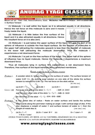 53 Surface Tension
    (1) Molecule A is well within the liquid, so it is attracted equally in all directions.
Hence the net force on this molecule is zero and it moves
                                                                        D
freely inside the liquid.                                          P
                                                                            C     B
                                                                                     Q
                                                                                    R                          S
     (2) Molecule B is little below the free surface of the
liquid and it is also attracted equally in all directions. Hence                           A

the resultant force on it is also zero.
    (3) Molecule C is just below the upper surface of the liquid film and the part of its
sphere of influence is outside the free liquid surface. So the number of molecules in
the upper half (attracting the molecules upward) is less than the number of molecule
in the lower half (attracting the molecule downward). Thus the molecule C
experiences a net downward force.
     (4) Molecule D is just on the free surface of the liquid. The upper half of the sphere
of influence has no liquid molecule. Hence the molecule D experiences a maximum
downward force.
   Thus all molecules lying in surface film experiences a net downward force.
Therefore, free surface of the liquid behaves like a stretched membrane.

                                  Sample problems based on Surface tension
Problem 1.       A wooden stick 2m long is floating on the surface of water. The surface tension of
                 water 0.07 N/m. By putting soap solution on one side of the sticks the surface
                 tension is reduced to 0.06 N/m. The net force on the stick will be
                                                                                        [Pb. PMT 2002]

                 (a) 0.07 N               (b) 0.06 N          (c) 0.01 N                (d) 0.02 N
Solution : (d)   Force on one side of the stick F1 = T1 × L         = 0.0 × 2 = 0.14N
                                                                         7
                 and force on other side of the stick F2 = T2 × L = 0.0 × 2 = 0.12N
                                                                       6

                 So net force on the stick = F1 − F2 = 0.14 − 0.12 = 0.0 N
                                                                        2

Problem 2.       A thin metal disc of radius r floats on water surface and bends the surface
                 downwards along the perimeter making an angle θ with vertical edge of disc. If the
                 disc displaces a weight of water W and surface tension of water is T, then the
                 weight of metal disc is                                                       [AMU (Med.) 1999]

            (a) 2π rT + W        (b) 2π rT cosθ – W   (c)             2π rT cosθ + W      (d)
                W – 2π rT cosθ
     ANURAG TYAGI CLASSES, ATC HOUSE ,10 C-82, VASUNDHRA, GHAZIABAD CALL US @ 09818777622
                     BRANCH: 6/ 93, SATYAM APPARTMENT, RAJENDR NAGAR,SAHIBABAD.

                       www.anuragtyagiclasses.com
 