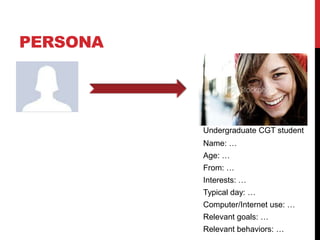 PersonaUndergraduate CGT studentName: …Age: …From: …Interests: …Typical day: …Computer/Internet use: …Relevant goals: …Relevant behaviors: …
