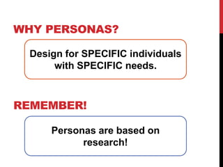 Why Personas?Design for SPECIFIC individuals with SPECIFIC needs.Remember!Personas are based on research!