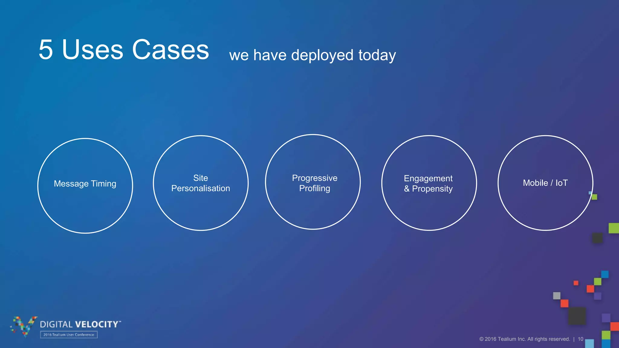 © 2016 Tealium Inc. All rights reserved. | 10
5 Uses Cases we have deployed today
Site
Personalisation
Message Timing
Progressive
Profiling
Mobile / IoT
Engagement
& Propensity
