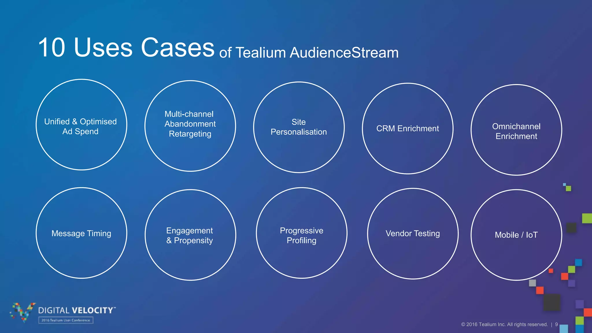 © 2016 Tealium Inc. All rights reserved. | 9
10 Uses Cases of Tealium AudienceStream
Unified & Optimised
Ad Spend
Multi-channel
Abandonment
Retargeting
Site
Personalisation CRM Enrichment Omnichannel
Enrichment
Message Timing Engagement
& Propensity
Progressive
Profiling
Vendor Testing Mobile / IoT