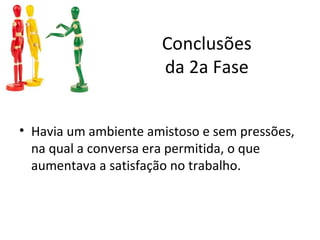 Conclusões
                      da 2a Fase


• Havia um ambiente amistoso e sem pressões,
  na qual a conversa era permitida, o que
  aumentava a satisfação no trabalho.
 