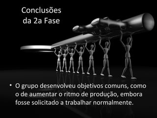 Conclusões
   da 2a Fase




• O grupo desenvolveu objetivos comuns, como
  o de aumentar o ritmo de produção, embora
  fosse solicitado a trabalhar normalmente.
 