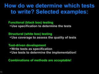 How do we determine which tests to write? Selected examples: Functional (black box) testing Use specification to determine the tests Structural (white box) testing Use coverage to assess the quality of tests Test-driven development Write tests as specification Use tests to determine the implementation! Combinations of methods are acceptable! 
