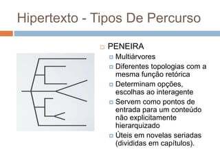 Hipertexto - Tipos De Percurso


PENEIRA
Multiárvores
 Diferentes topologias com a
mesma função retórica
 Determinam opções,
escolhas ao interagente
 Servem como pontos de
entrada para um conteúdo
não explicitamente
hierarquizado
 Úteis em novelas seriadas
(divididas em capítulos).


 