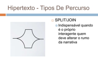 Hipertexto - Tipos De Percurso


SPLIT/JOIN
 Indispensável

quando

é o próprio
interagente quem
deve alterar o rumo
da narrativa

 