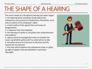 13
|
The Disciplinary Hearing
Effective Discipline
MTL Course Topics
THE SHAPE OF A HEARING
The classic shape of a disciplinary hearing has seven stages:
1. the opening which should be conducted by the
chairperson and consists of introductions, formalities, aims,
and an outline of the employee's rights
2. a brief outline of the agreed facts and areas of
disagreement
3. a response from the employee
4. the hearing of a guilty or not guilty case using witnesses
and evidence
5. adjournment by management team to consider the
issues, eg whether guilty and if so, what action to take
6. the panel returns to announce its decision and the
reasons for the decision
7. the close which explains any subsequent steps or rights,
eg right of appeal, time period before a warning is
expunged.
 