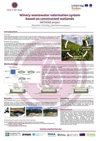 Winery wastewater valorisation system
based on constructed wetlands
WETWINE project
Alfonso Ribas 1, Rocio Pena 2, Daniel Durán (dduran@feuga.es) 3
1 INGACAL, Pazo de Quián s/n, Sergude, 15881 Boqueixón, A Coruña, SP, 2 AIMEN, Polígono Industrial de Cataboi SUR-PPI-2 (Sector) 2, Parcela 3, 36418 O Porriño, SP,
3 FEUGA, Rúa Lope Gómez de Marzoa s/n, Campus Vida, 15705 Santiago de Compostela, SP
Introduction
Context
South-West Europe region accounts for 25% of the European vineyard area. The wine sector has notable
environmental implications, some of them related to water and fertilization: consumption of water in
cellars, production of liquid spills, use of fertilizers in the vineyards.
Project description
In the framework of WETWINE project, funded by the 2015 Interreg Sudoe Programme, a natural-based
technology for wastewater treatment will be validated. This project is being carried out on South-West
Europe, where the wine sector has a great economic impact.
Figure 1: WETWINE project concept
WETWINE aims to valorise wastewater from wineries by recovering the effluent to be used as irrigation
water and fertilizer for the vineyard. Therefore, a circular economy approach is proposed in this project.
Although winery wastewater characteristics depend on its activity, process and products obtained, its
treatment problems are similar. That is why a common technology treatment is proposed to be applied.
However, it is necessary to adapt the design and operation strategies to each winery as they will have
different production processes. Furthermore, it must be taken into account than wineries have significant
differences in wastewater production (flow and organic load) during the year.
The project offers a low-cost, easy-to-use effluent management system which manages to obtain a vineyard
fertiliser that limits waste production as well as soil and water contamination in the South-West Europe,
thus reducing the impact vinicultural activity has on the natural heritage.
Methodology
WETWINE valorisation system is a combination of subsurface flow constructed wetlands (SSCW),
considered natural-based technologies.
First step is a pre-treatment anaerobic unit: HUSB reactor (hydrolytic upflow sludge blanket). In
HUSB reactor, wastewater solids are retained and hydrolysed with an efficiency of 70-80%.
Then upflow water will be treated in a combination of vertical and horizontal SSCW planted with
reeds. The outlet flow could be suitable for vineyard irrigation and meet the established release
limits.
On the other hand, solids from HUSB bottom will be treated in a sludge treatment wetland in
order to dewater and stabilise the anaerobic sludge and to formulate an organic fertilizer to be
used in the vineyard.
Therefore, with this technology, one obtains waters fulfilling current FAO specifications and
wastewater reuse regulations. At the same time, winery residues are revalorized through the
process of reuse of sludge as a fertiliser, which reduces waste production as well as soil and water
contamination.Figure 2 – WETWINE valorisation system
Inlet
Gravel 6-12 mm
Outlet
Stone 60-80 mmInsulation (base & lateral)
Vegetation
Inlet
Gravel 6-12 mm
Outlet
Insulation (base & lateral)
Vegetation
Stone 20-30 mm
Sand 1-2 mm
Ventilation tube
Inlet
Gravel 6-12 mm
Outlet
Insulation (base & lateral)
Vegetation
Stone 20-30 mm
Sand 1-2 mm
Sludge
www.wetwine.eu
Funding
WETWINE is a European transnational cooperation project co-
financed by the European Regional Development Fund (ERDF).
It takes place in 12 viticultural regions of 3 countries of the
South-West Europe (France, Portugal and Spain) and has
duration of 36 months, from July 2016 until June 2019.
Consortium
WETWINE consortium is formed by 8 beneficiaries belonging to
SUDOE territory. From Spain: Instituto Galego da Calidade
Alimentaria – INGACAL (project coordinator), Asociación de
Investigación Metalúrgica del Noroeste – AIMEN, Fundación
Empresa Universidad Gallega – FEUGA, Consejería de
Agricultura, Ganadería y Medio Ambiente de La Rioja
Government, Universitat Politècnica de Catalunya – UPC; from
France: Institut Français de la Vigne et du Vin Pôle Sud-Ouest -
IFV SUD-OUEST, Institut National de la Recherche Agronomique
– INRA; and from Portugal: Associação para o Desenvolvimento
da Viticultura Duriense – ADVID..
WETWINE system is being validated at demo-scale in a Spanish winery (Bodega Santiago Ruiz,
Pontevedra, Spain) for 2 years, in order to check operation conditions in different seasons, especially in
grape harvest, when higher organic and flow rates are expected. The activity started on May 2017.
Stone 60-80 mmInsulation (base & lateral) Insulation (base & lateral) Insulation (base & lateral)
Figure 3 – Horizontal Subsurface Constructed Wetland Figure 4 – Vertical Subsurface Constructed Wetland Figure 5 – Vertical Subsurface Constructed Wetland
Results
WETWINE Pilot plant set up
Preliminary results after this first harvest
Removal efficiency higher than 90% in COD & almost 100% solids, nutrients
• POSIBLE USE IN AGRICULTURE IRRIGATION according Spanish legislation: RD 1620/2007
Low production of sludge in HUSB
• LOW PRODUCTION OF FERTILIZER
Horizontal CW
Figure 6 – Pilot plant: location, construction phases and operation
 