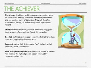 10
|
Time Travellers
Time Management
MTL Course Topics
THE ACHIEVER
The Achiever is a highly ambitious person who prizes work
for the success it brings. Achievers want to impress others
and see work as a way of doing this. They will therefore
volunteer to do any job and take any task if it promises a
reward.
Characteristics: ambitious; popular; attractive; sexy; good-
looking; successful; smart; confident; fit; energetic.
Good at: making jobs look easy; accommodating themselves
to others; juggling high levels of work.
Poor at: knowing their limits; saying "No"; delivering their
promises; depth to their work.
Time management symbol: the promotion ladder. Achievers
rate work as the highest priority closely followed by
organisational success.
 