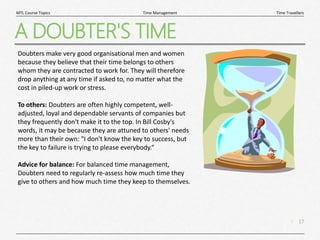 17
|
Time Travellers
Time Management
MTL Course Topics
A DOUBTER'S TIME
Doubters make very good organisational men and women
because they believe that their time belongs to others
whom they are contracted to work for. They will therefore
drop anything at any time if asked to, no matter what the
cost in piled-up work or stress.
To others: Doubters are often highly competent, well-
adjusted, loyal and dependable servants of companies but
they frequently don't make it to the top. In Bill Cosby's
words, it may be because they are attuned to others' needs
more than their own: "I don't know the key to success, but
the key to failure is trying to please everybody.“
Advice for balance: For balanced time management,
Doubters need to regularly re-assess how much time they
give to others and how much time they keep to themselves.
 