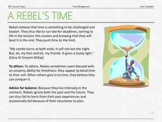 21
|
Time Travellers
Time Management
MTL Course Topics
A REBEL'S TIME
Rebels believe that time is something to be challenged and
beaten. They thus like to run late for deadlines, coming to
life in the tension this creates and knowing that they will
beat it in the end. They push time to the limit.
"My candle burns at both ends; It will not last the night.
But, ah, my foes and oh, my friends: It gives a lovely light."
(Edna St Vincent Millay)
To others: To others, Rebels sometimes seem blessed with
an uncanny ability for timeliness: they appear to bend time
to their will. When others give in to time, they believe they
can conquer it.
Advice for balance: Because they live intensely in the
moment, Rebels ignore both the past and the future. They
can thus fail to learn from their past experiences and
occasionally fail because of their reluctance to plan.
 