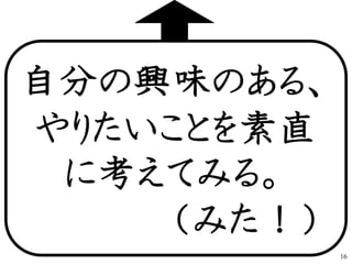 自分の興味のある、
やりたいことを素直
に考えてみる。
（みた！）
16
 