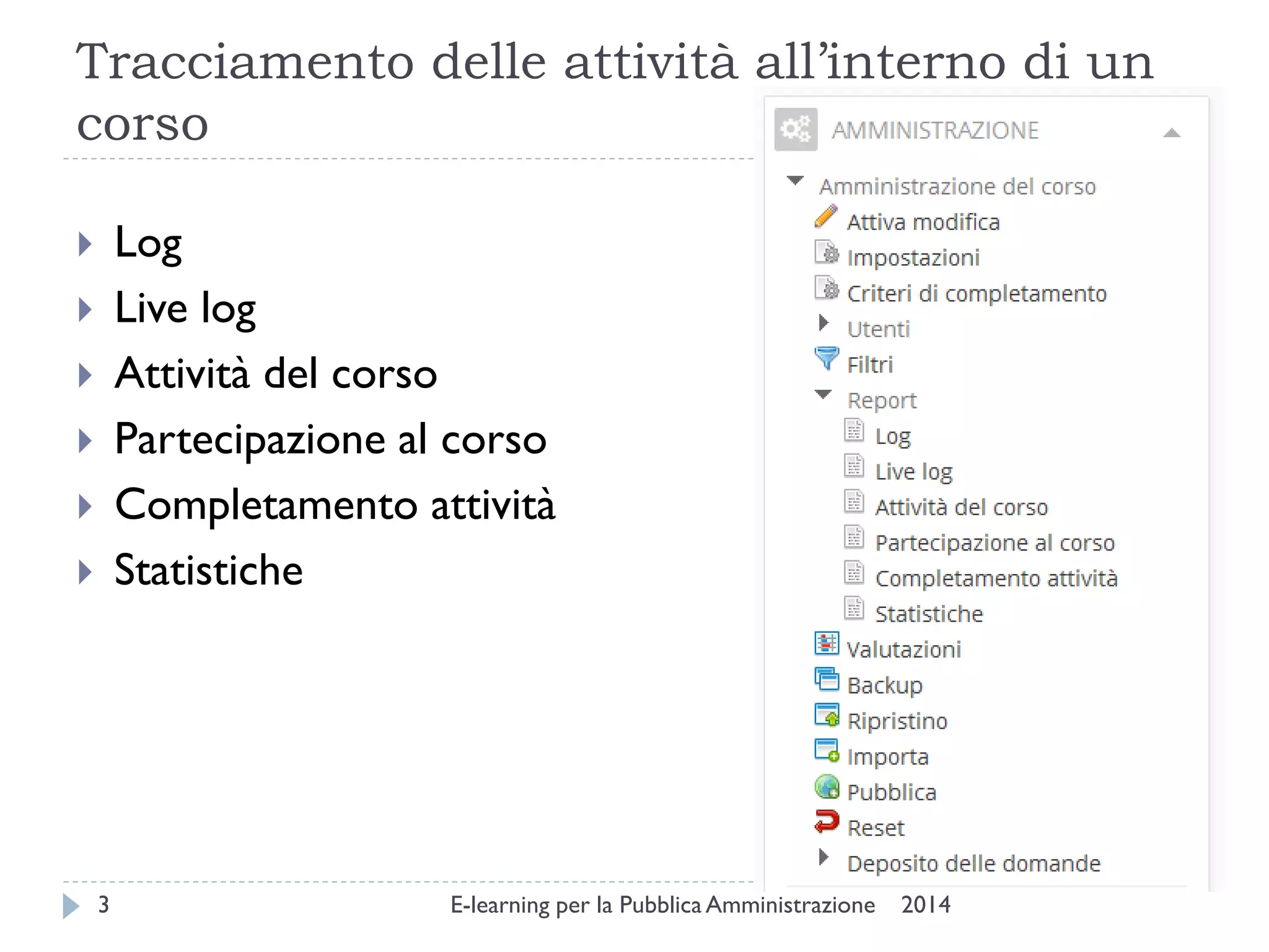 Tracciamento delle attività all’interno di un corso 
2014 
E-learning per la Pubblica Amministrazione 
3 
Log 
Live log 
Attività del corso 
Partecipazione al corso 
Completamento attività 
Statistiche 
 