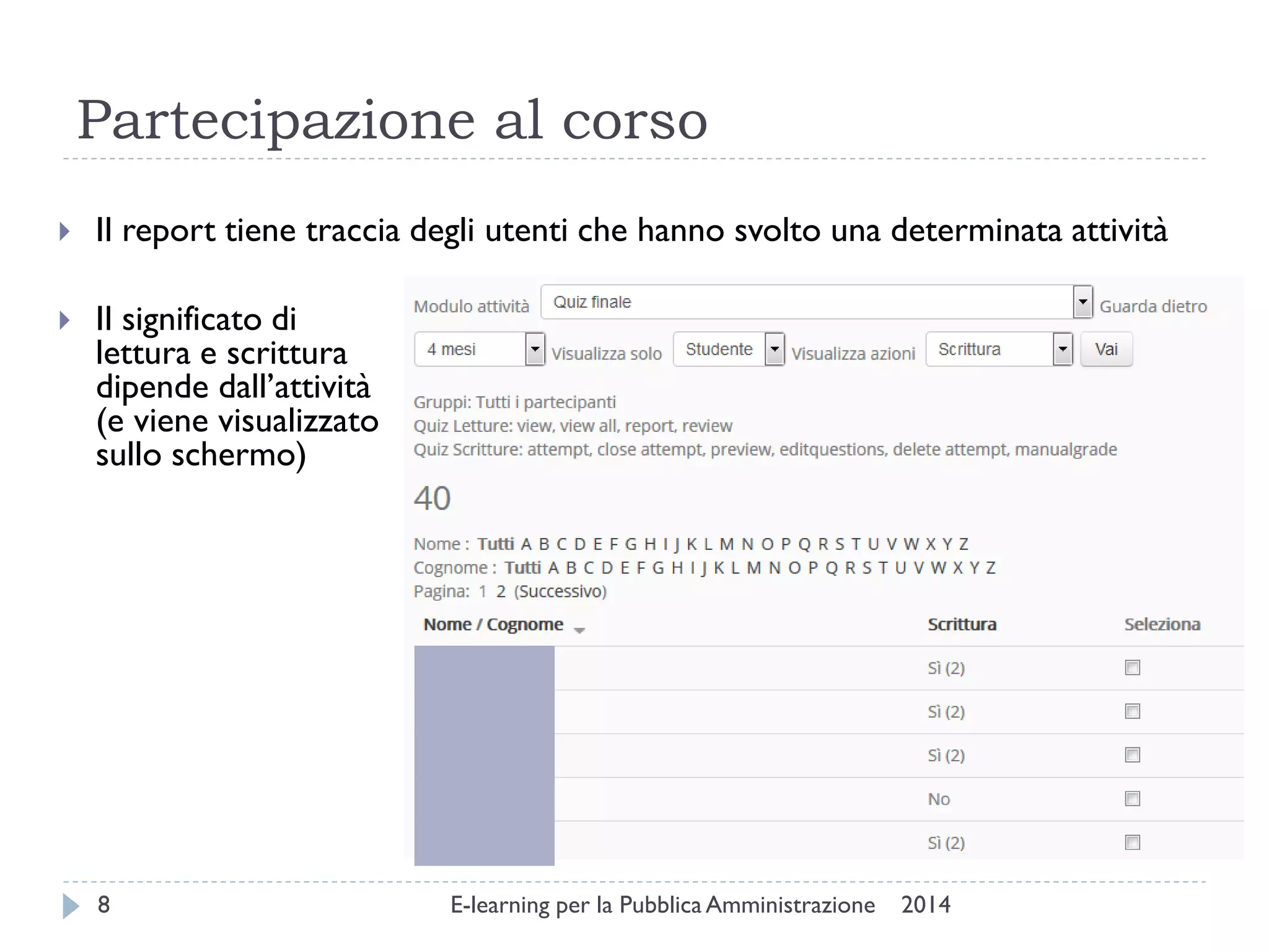 Partecipazione al corso 
2014 
E-learning per la Pubblica Amministrazione 
8 
Il report tiene traccia degli utenti che hanno svolto una determinata attività 
Il significato di lettura e scrittura dipende dall’attività (e viene visualizzato sullo schermo)  