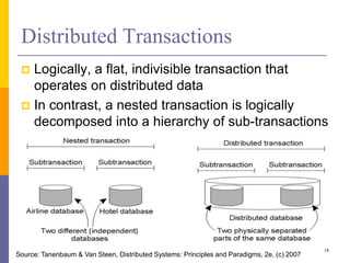 Distributed Transactions
 Logically, a flat, indivisible transaction that
operates on distributed data
 In contrast, a nested transaction is logically
decomposed into a hierarchy of sub-transactions
18
Source: Tanenbaum & Van Steen, Distributed Systems: Principles and Paradigms, 2e, (c) 2007
 