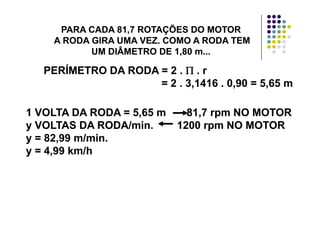 PARA CADA 81,7 ROTAÇÕES DO MOTORPARA CADA 81,7 ROTAÇÕES DO MOTOR
A RODA GIRA UMA VEZ. COMO A RODA TEMA RODA GIRA UMA VEZ. COMO A RODA TEM
UM DIÂMETRO DE 1,80 m...UM DIÂMETRO DE 1,80 m...
PERÍMETRO DA RODA = 2 .PERÍMETRO DA RODA = 2 . ΠΠ . r. r
= 2 . 3,1416 . 0,90 = 5,65 m= 2 . 3,1416 . 0,90 = 5,65 m, , ,, , ,
1 VOLTA DA RODA = 5 65 m 81 7 rpm NO MOTOR1 VOLTA DA RODA = 5 65 m 81 7 rpm NO MOTOR1 VOLTA DA RODA = 5,65 m 81,7 rpm NO MOTOR1 VOLTA DA RODA = 5,65 m 81,7 rpm NO MOTOR
y VOLTAS DA RODA/min. 1200 rpm NO MOTORy VOLTAS DA RODA/min. 1200 rpm NO MOTOR
y = 82 99 m/miny = 82 99 m/miny = 82,99 m/min.y = 82,99 m/min.
y = 4,99 km/hy = 4,99 km/h
 