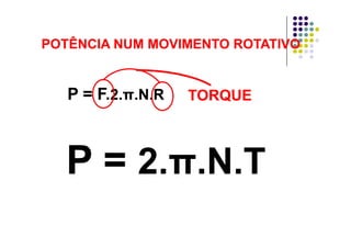 POTÊNCIA NUM MOVIMENTO ROTATIVOPOTÊNCIA NUM MOVIMENTO ROTATIVOPOTÊNCIA NUM MOVIMENTO ROTATIVOPOTÊNCIA NUM MOVIMENTO ROTATIVO
P = FP = F 22 ππ N RN R TORQUETORQUEP = F.P = F.2.2.ππ.N.R.N.R TORQUETORQUE
PP 22 N TN TP =P = 2.2.ππ.N.T.N.T
 