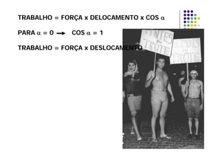 TRABALHO = FORÇA x DELOCAMENTO x COSTRABALHO = FORÇA x DELOCAMENTO x COS αα
PARAPARA αα = 0= 0 COSCOS αα = 1= 1
TRABALHO = FORÇA x DESLOCAMENTOTRABALHO = FORÇA x DESLOCAMENTO
 