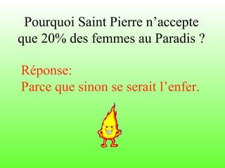 Pourquoi Saint Pierre n’accepte
que 20% des femmes au Paradis ?
Réponse:
Parce que sinon se serait l’enfer.
 