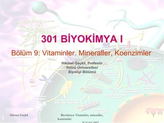 Biyokimya: Vitaminler, mineraller,
koenzimler
1
301 BİYOKİMYA I
Hikmet Geçkil, Profesör
İnönü Üniversitesi
Biyoloji Bölümü
Bölüm 9: Vitaminler. Mineraller, Koenzimler
Hikmet Geçkil
 