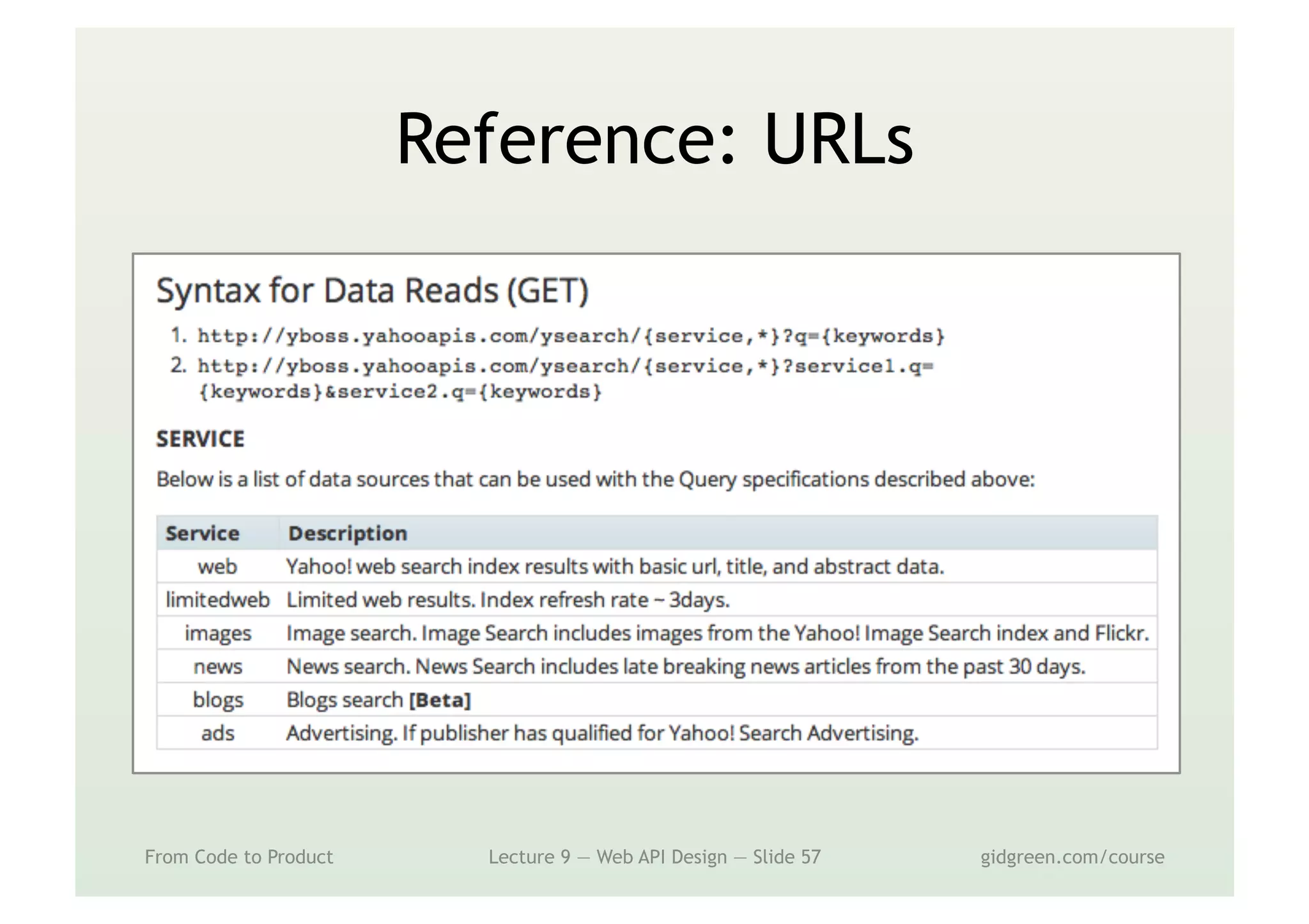 Reference: URLs
From Code to Product Lecture 9 — Web API Design — Slide 57 gidgreen.com/course
 