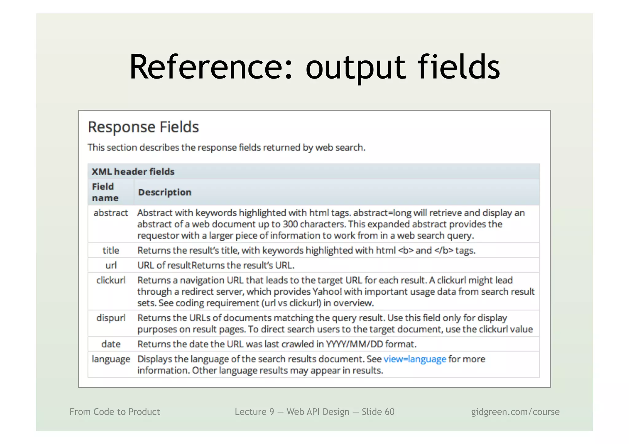 Reference: output fields
From Code to Product Lecture 9 — Web API Design — Slide 60 gidgreen.com/course
 