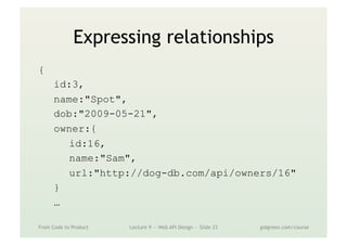 Expressing relationships
{
id:3,
name:"Spot",
dob:"2009-05-21",
owner:{
id:16,
name:"Sam",
url:"http://dog-db.com/api/owners/16"
}
…
From Code to Product Lecture 9 — Web API Design — Slide 23 gidgreen.com/course
 